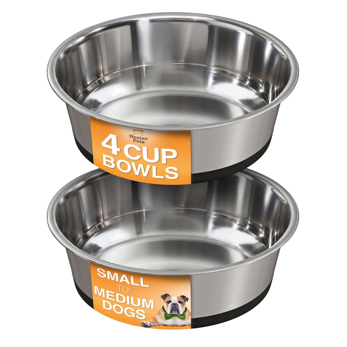 Two stainless steel dog bowls with labels indicating size and use for small to medium dogs on a white background.