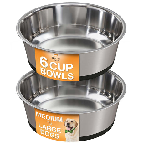 Two stainless steel dog bowls with Neater Pets branding on a white background