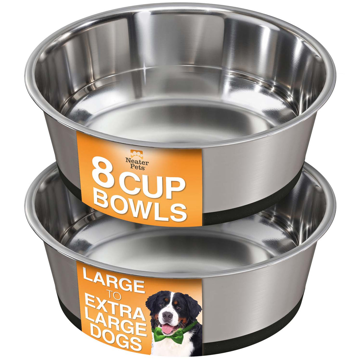 Two stainless steel dog bowls with labels indicating size and intended use.