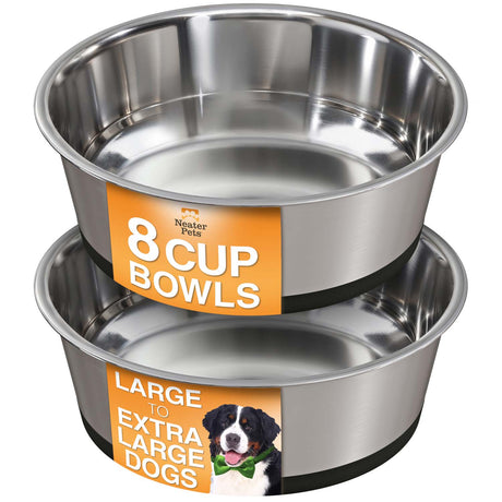 Two stainless steel dog bowls with labels indicating size and intended use.