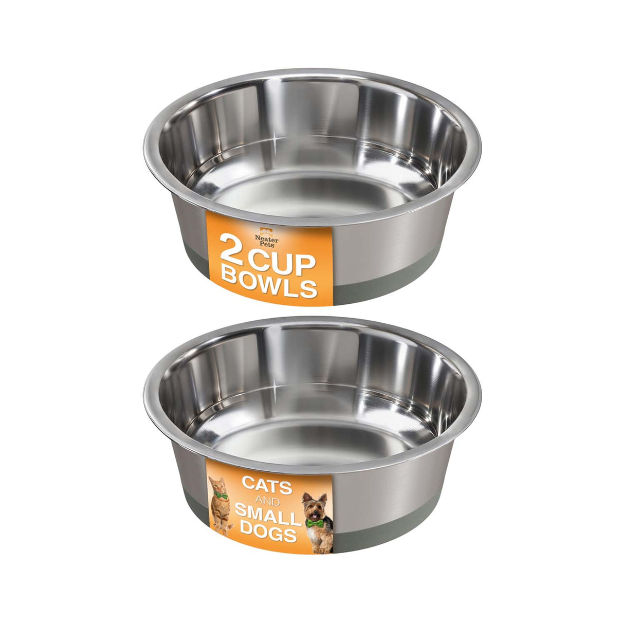 Two stainless steel bowls with labels for cats and small dogs on a white background