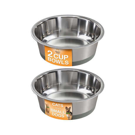 Two stainless steel bowls with labels for cats and small dogs on a white background