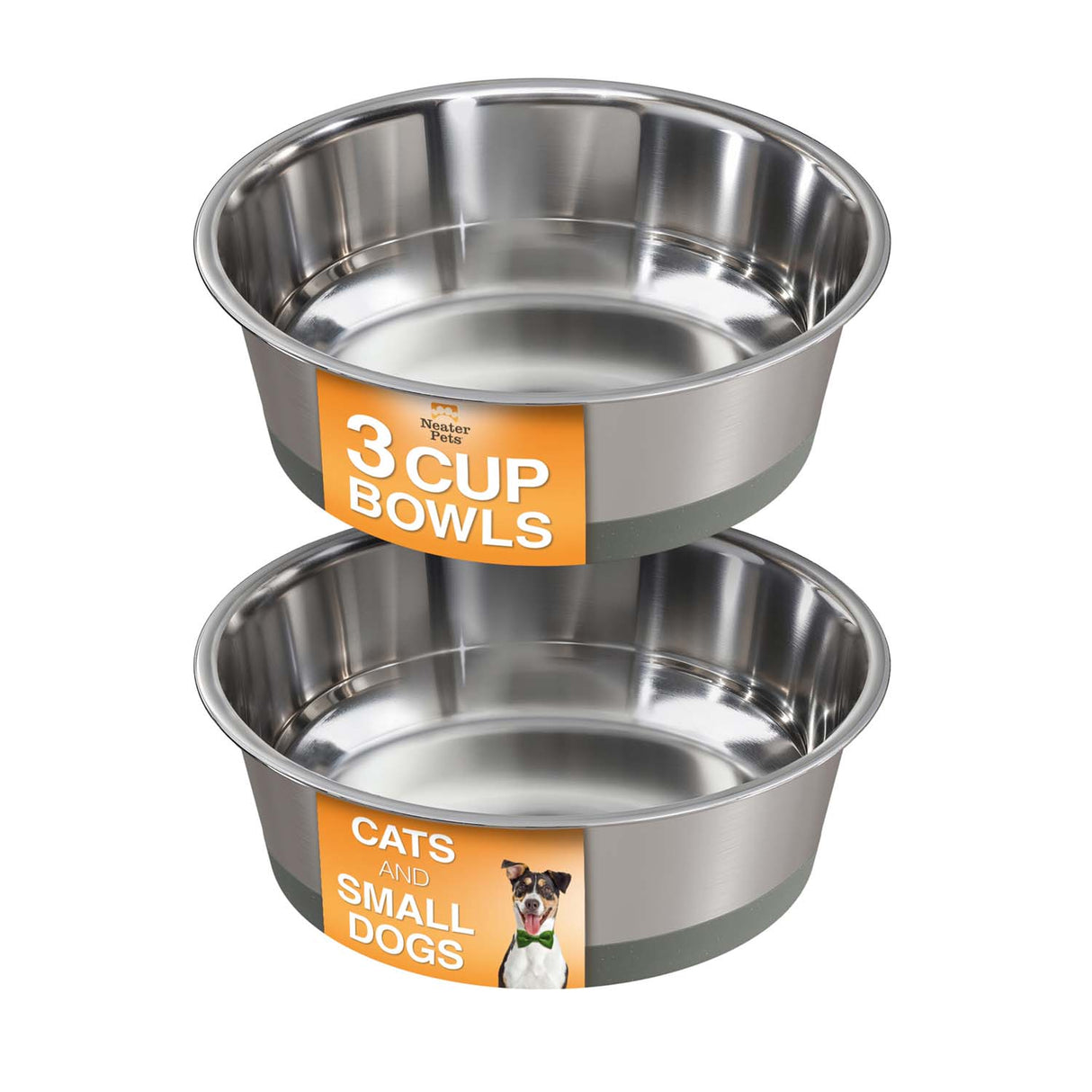 Two stainless steel bowls with labels for cats and small dogs on a white background