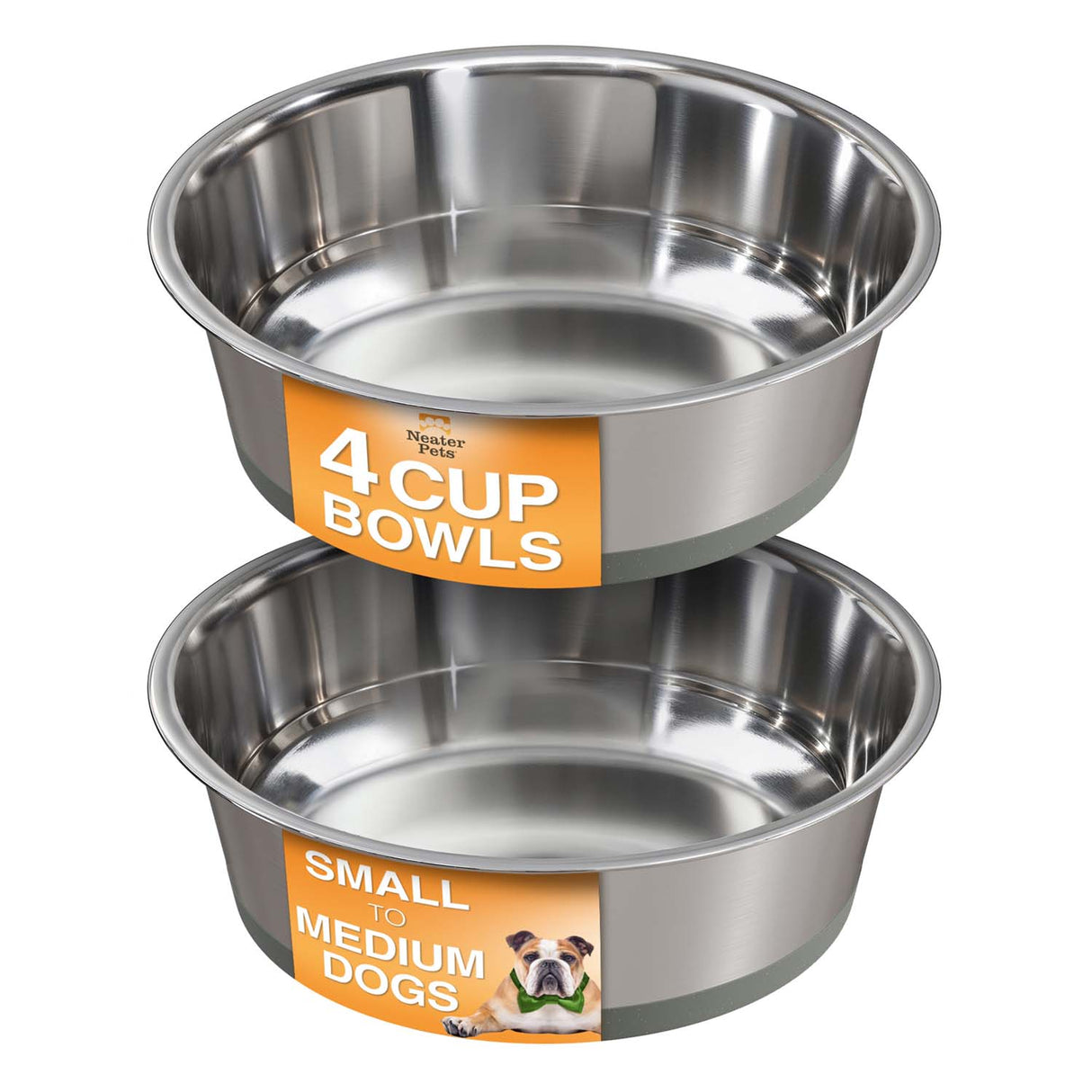 Two stainless steel dog bowls with capacity labels on a white background