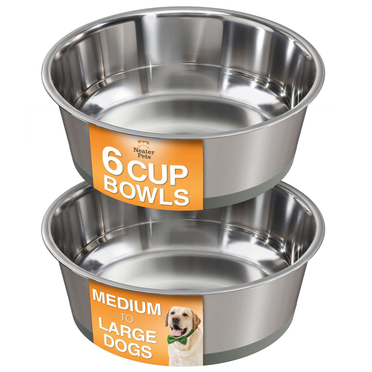 Two stainless steel dog bowls with labels indicating size and use for medium to large dogs.
