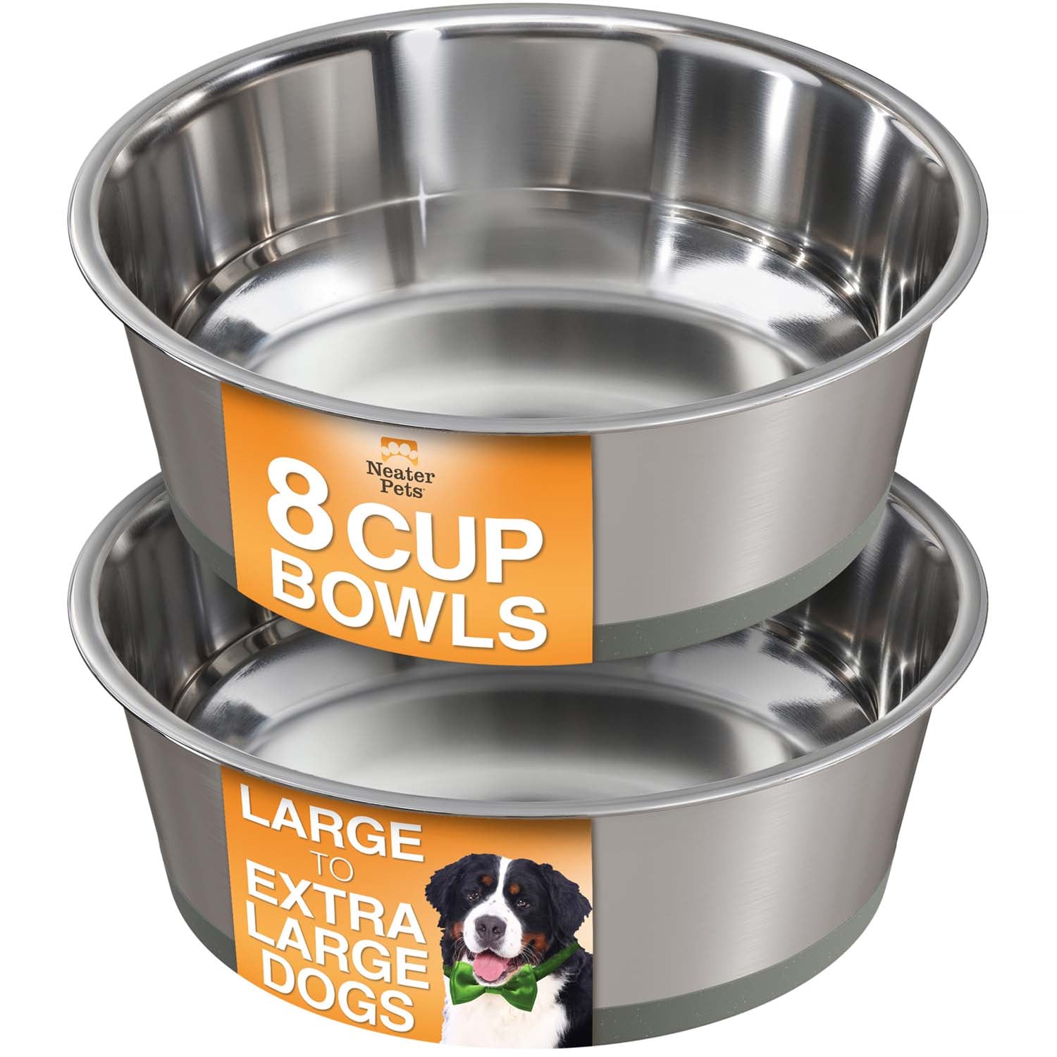 Two stainless steel dog bowls with Neater Pets label on a white background