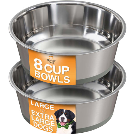 Two stainless steel dog bowls with Neater Pets label on a white background