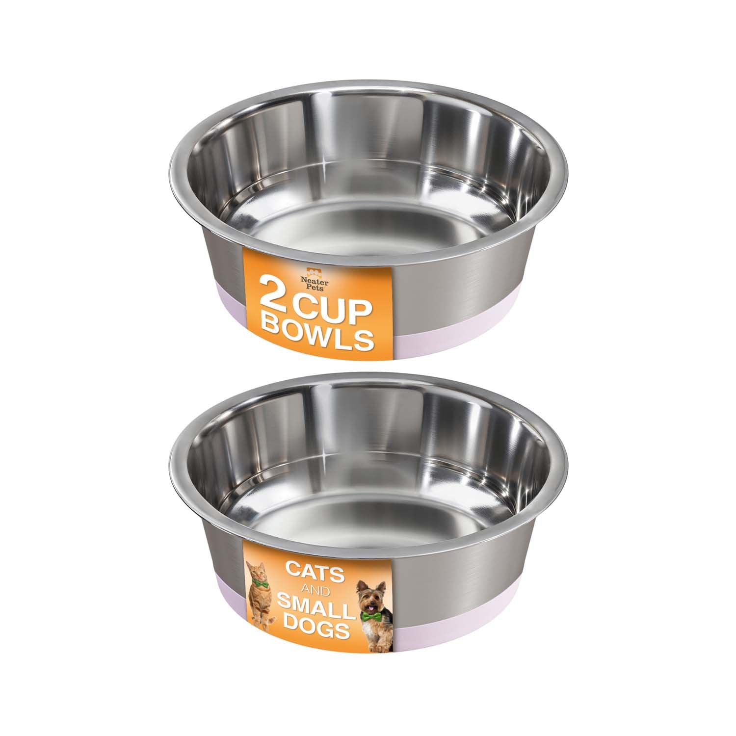 Two stainless steel bowls with labels indicating capacity and suitability for cats and small dogs on a white background.