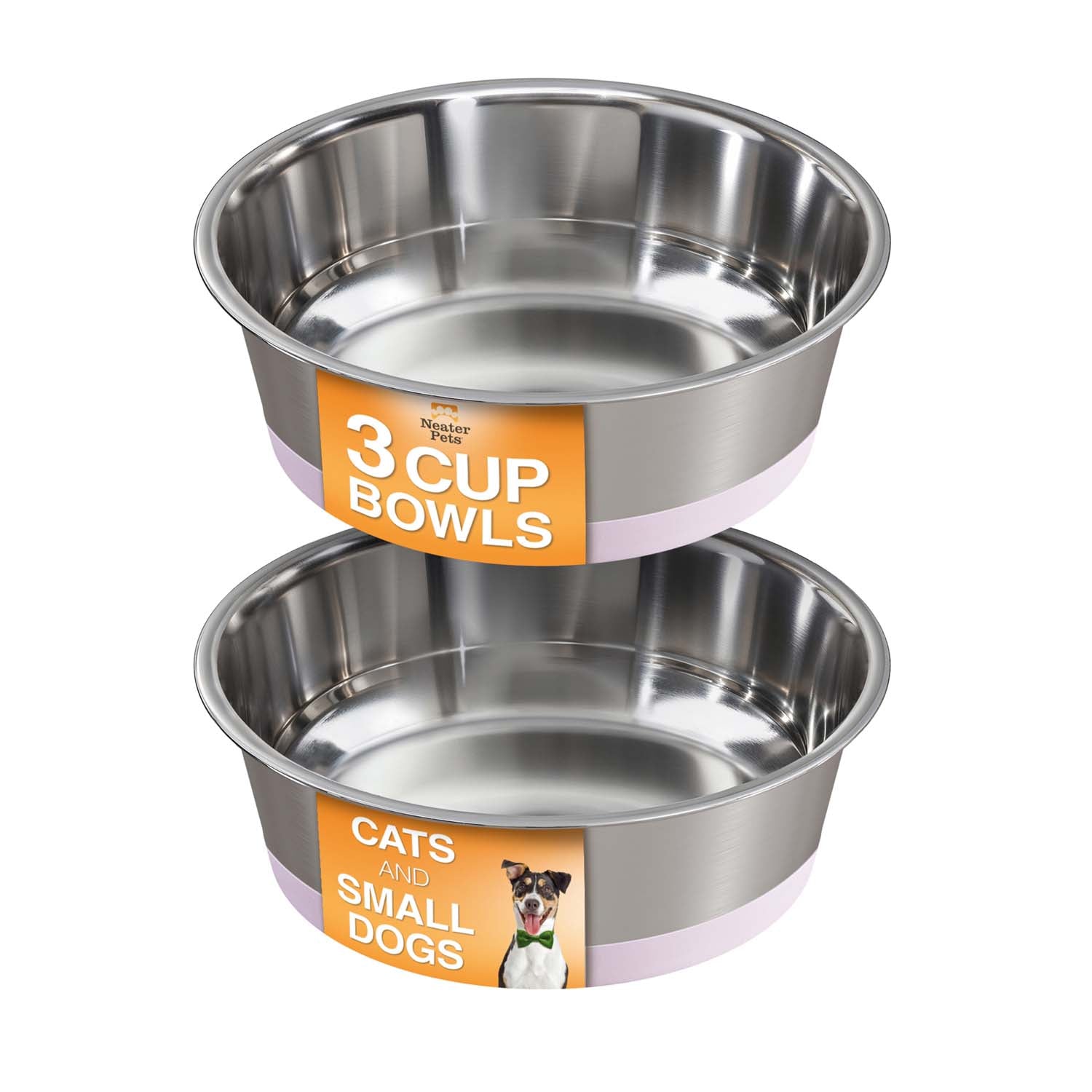 Two stainless steel bowls with labels for cats and small dogs on a white background