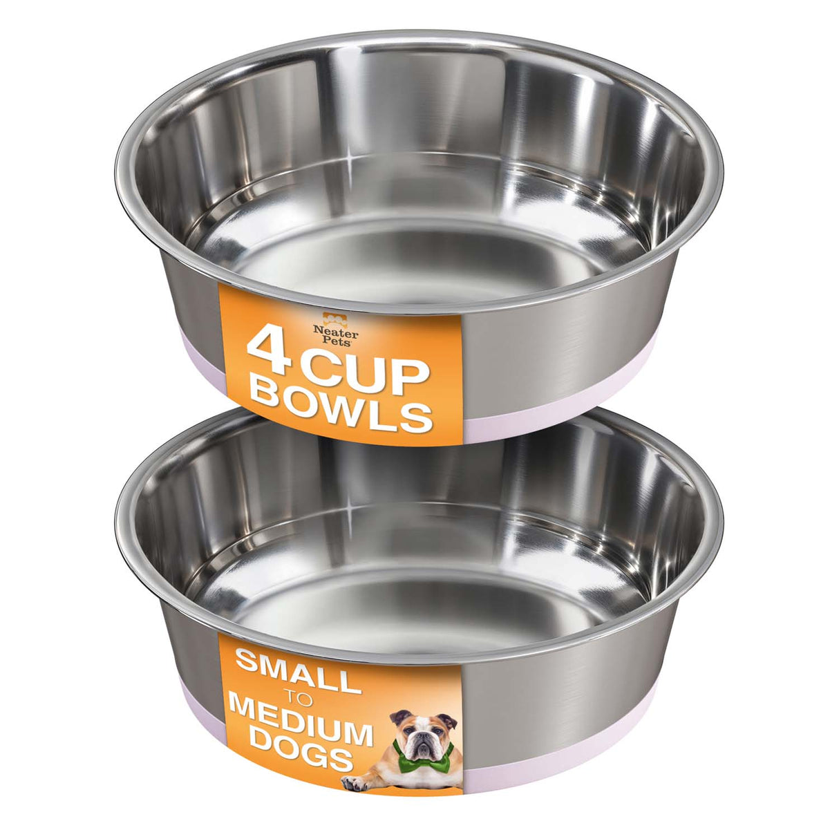 Two stainless steel dog bowls with labels indicating size and use for small to medium dogs on a white background.