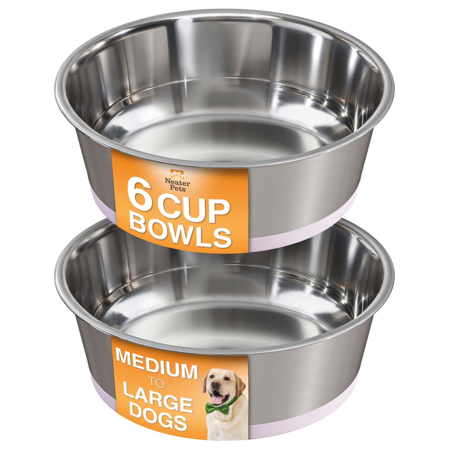 Two stainless steel dog bowls with labels indicating capacity and size for dogs.