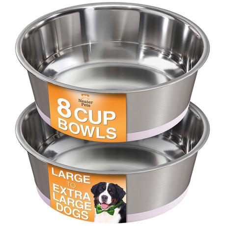 Two stainless steel dog bowls with Neater Pets branding on a white background