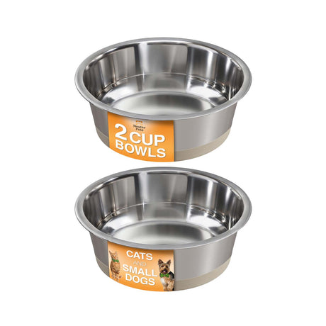 Two stainless steel bowls with labels for cats and small dogs on a white background