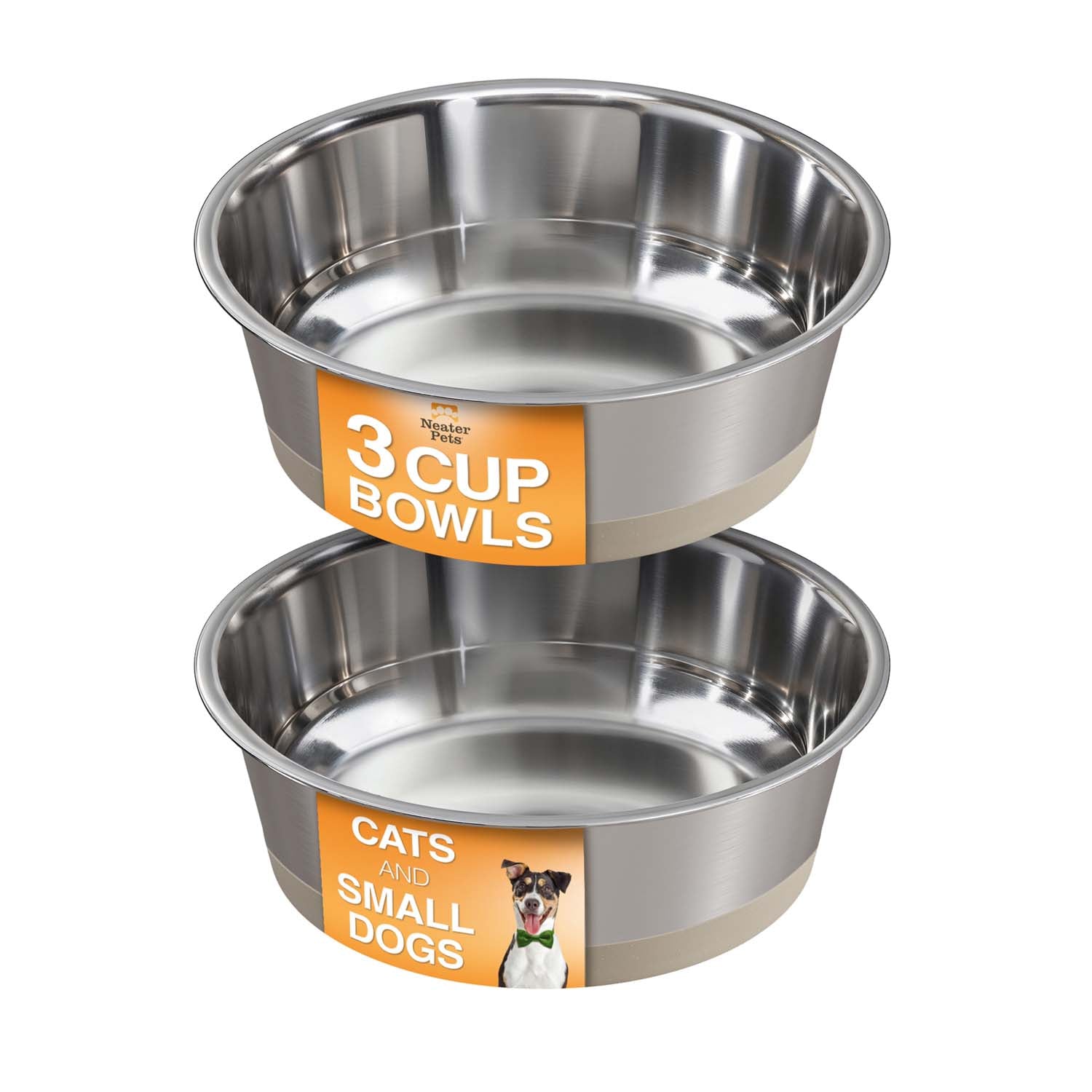 Two stainless steel bowls with labels for cats and small dogs on a white background