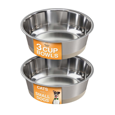 Two stainless steel bowls with labels for cats and small dogs on a white background