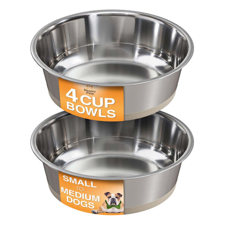 Two stainless steel dog bowls with labels on a white background