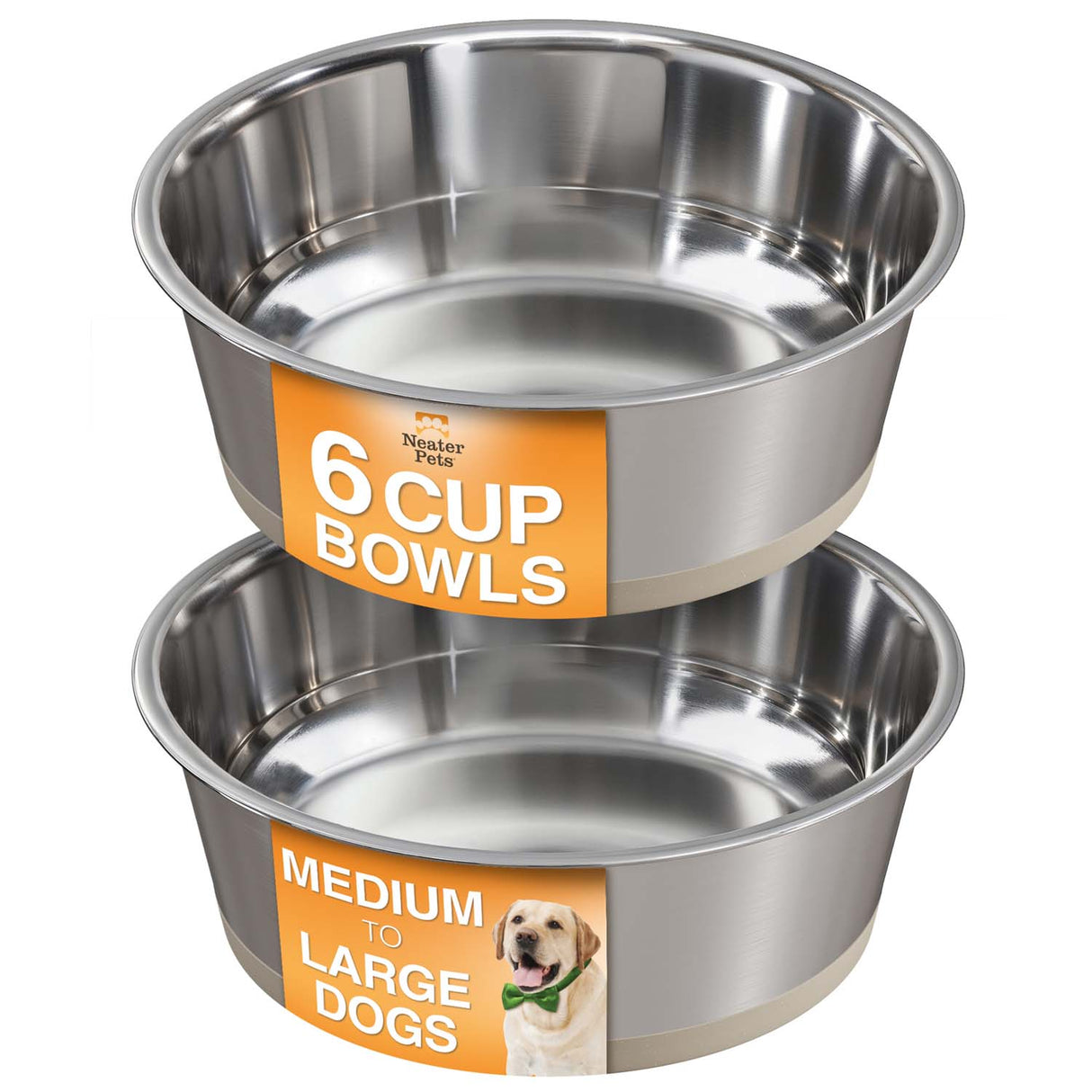 Two stainless steel dog bowls with Neater Pets branding on a white background