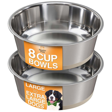 Two stainless steel dog bowls with Neater Feeder branding on a white background