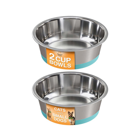 Two stainless steel bowls with pet food labels on a white background
