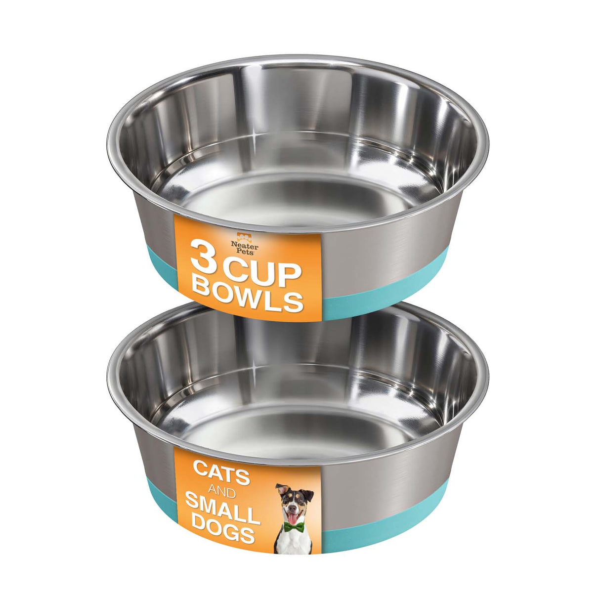 Two stainless steel bowls with labels for cats and small dogs on a white background
