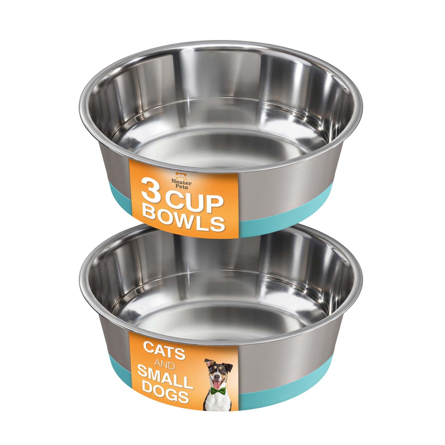 Two stainless steel bowls with labels for cats and small dogs on a white background