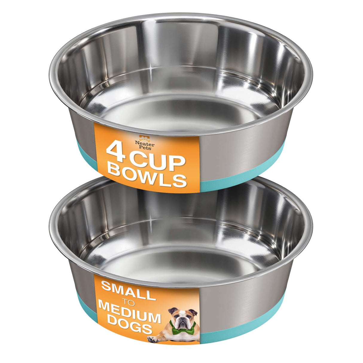 Two stainless steel dog bowls with Neater brand labels on a white background
