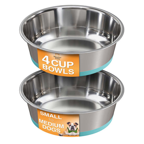 Two stainless steel dog bowls with Neater brand labels on a white background