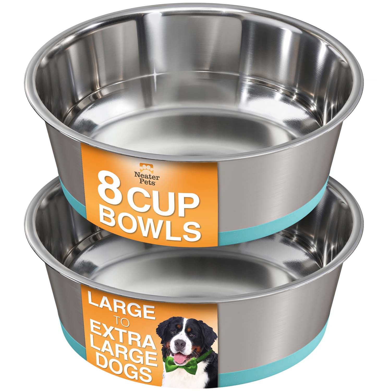 Two stainless steel dog bowls with Neater Pets branding on a white background
