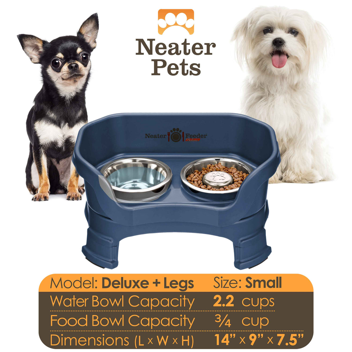 A chart displaying the Deluxe small with Slow Feed bowl and leg extension bowl capacity and dimensions, with two small dogs on either side of the chart.