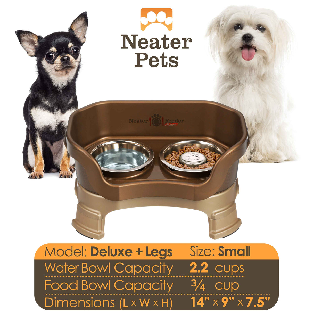 A chart displaying the Deluxe small with Slow Feed bowl and leg extension bowl capacity and dimensions, with two small dogs on either side of the chart.