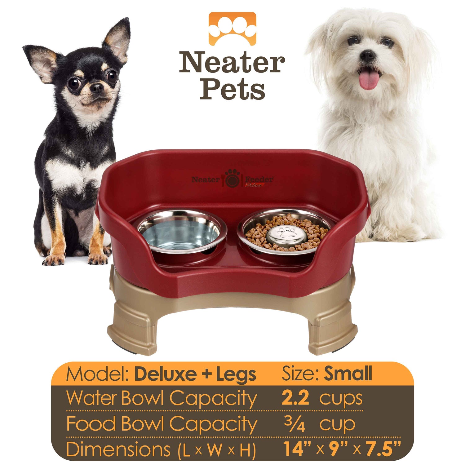 A chart displaying the Deluxe small with Slow Feed bowl and leg extension bowl capacity and dimensions, with two small dogs on either side of the chart.