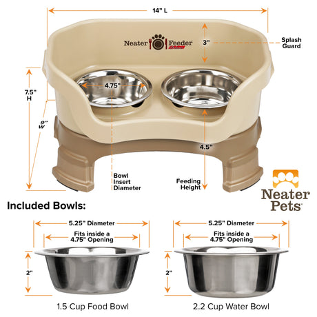 A chart showing the dimensions of the Deluxe Cappuccino Small Neater Feeder as well as the stainless steel bowls against a white background.
