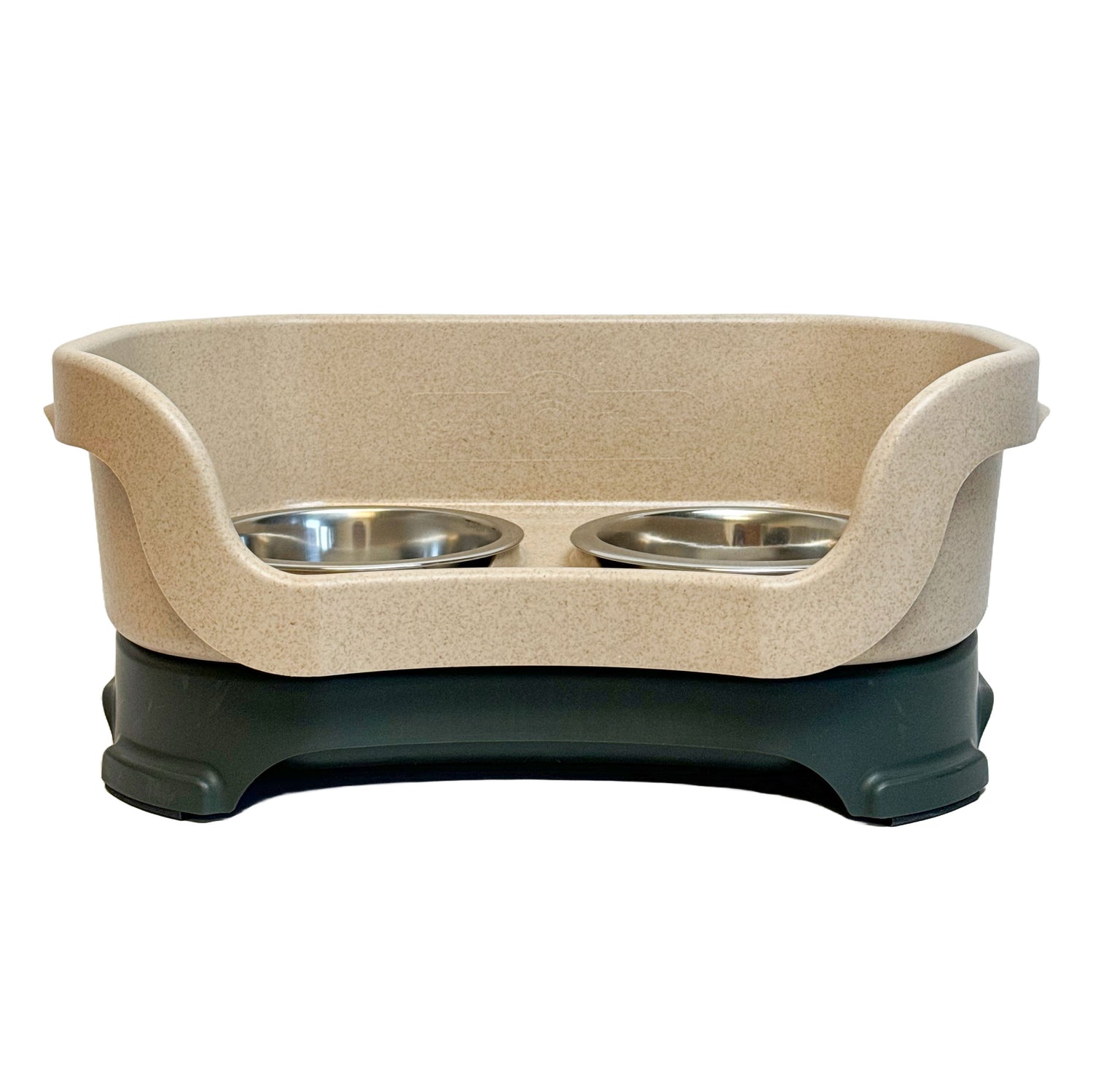 Neater Feeder Cat Size in Hunter Green and Stone with two stainless steel bowls against a white background.