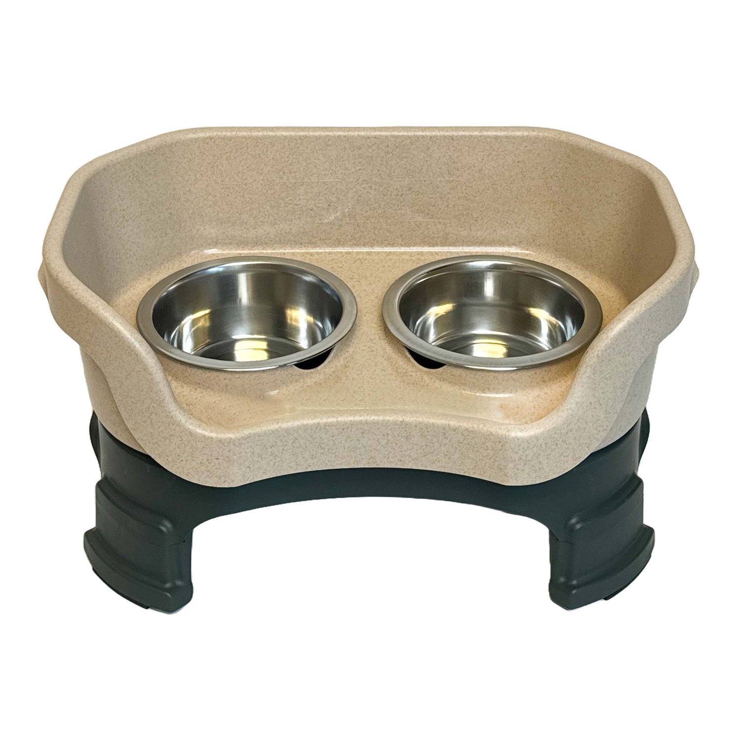 Top View Neater Feeder with Leg Extensions Small Size in Hunter Green and Stone with two stainless steel bowls against a white background.