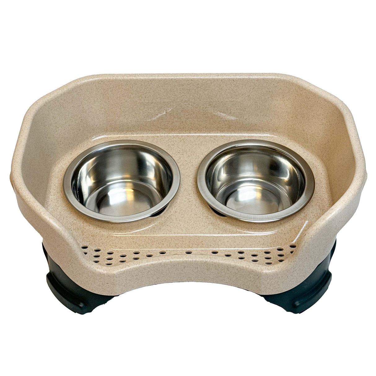 Top View Neater Feeder Cat Size in Hunter Green and Stone with two stainless steel bowls against a white background.