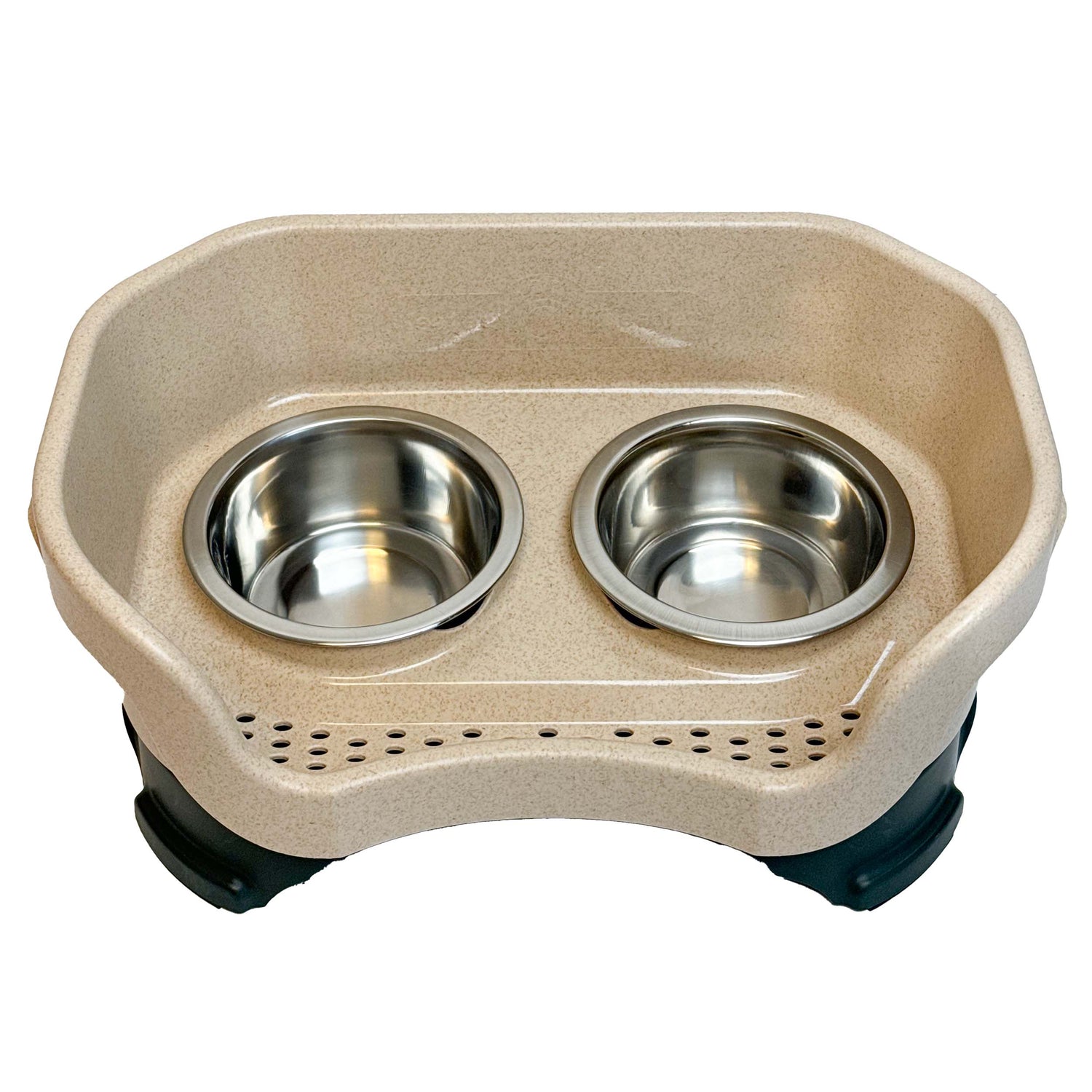 Top View Neater Feeder Cat Size in Hunter Green and Stone with two stainless steel bowls against a white background.