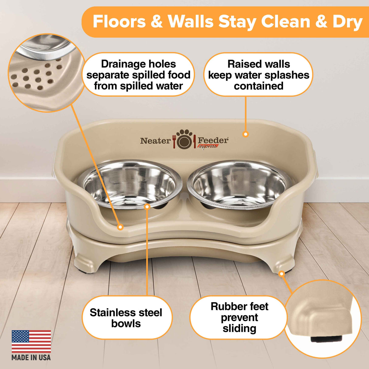 Picture explaining the benefits of the Neater Feeder: drainage holes, raised walls, stainless steel bowls, and rubber feet.