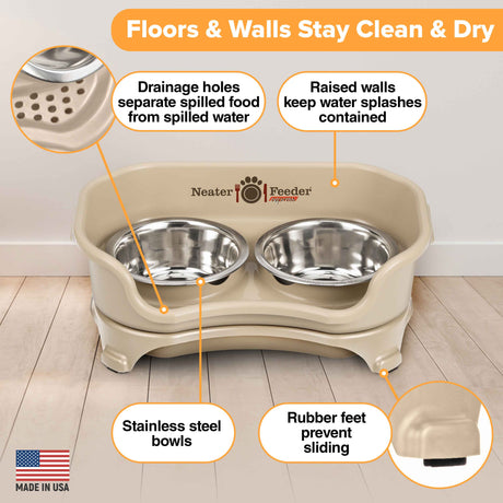 Picture explaining the benefits of the Neater Feeder: drainage holes, raised walls, stainless steel bowls, and rubber feet.