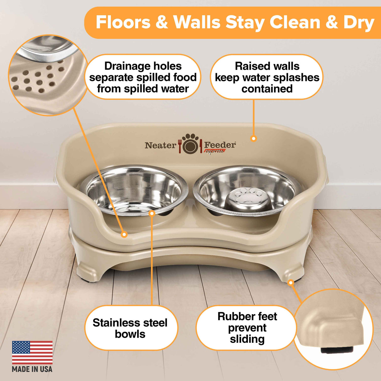 Picture explaining the benefits of the Neater Feeder: drainage holes, raised walls, stainless steel bowls, and rubber feet.