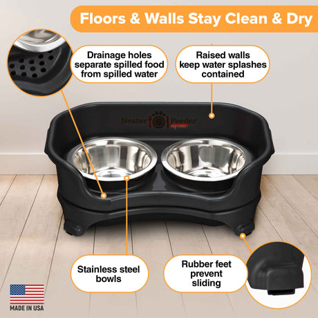 Picture explaining the benefits of the Neater Feeder: drainage holes, raised walls, stainless steel bowls, and rubber feet.