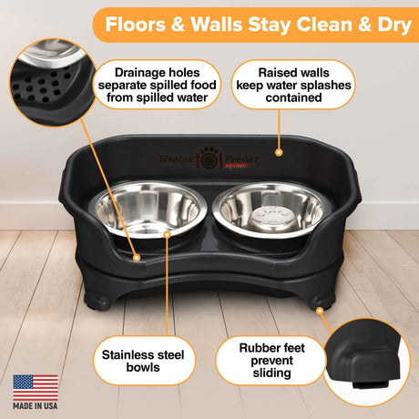 Picture explaining the benefits of the Neater Feeder: drainage holes, raised walls, stainless steel bowls, and rubber feet.