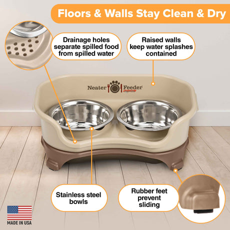 Picture explaining the benefits of the Neater Feeder: drainage holes, raised walls, stainless steel bowls, and rubber feet.