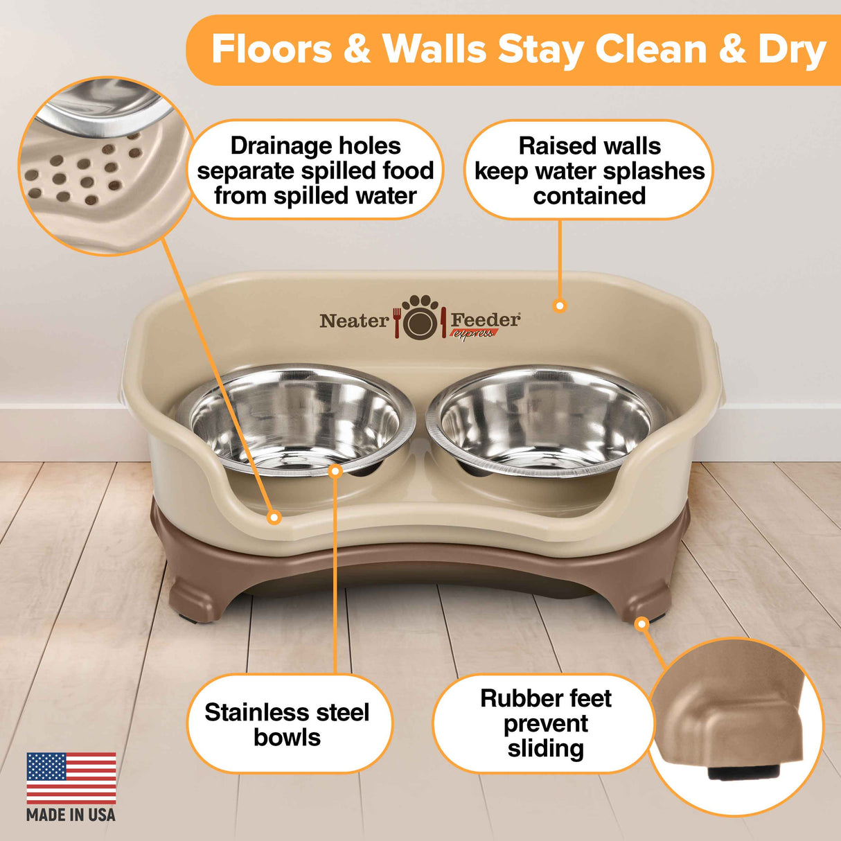 Picture explaining the benefits of the Neater Feeder: drainage holes, raised walls, stainless steel bowls, and rubber feet.