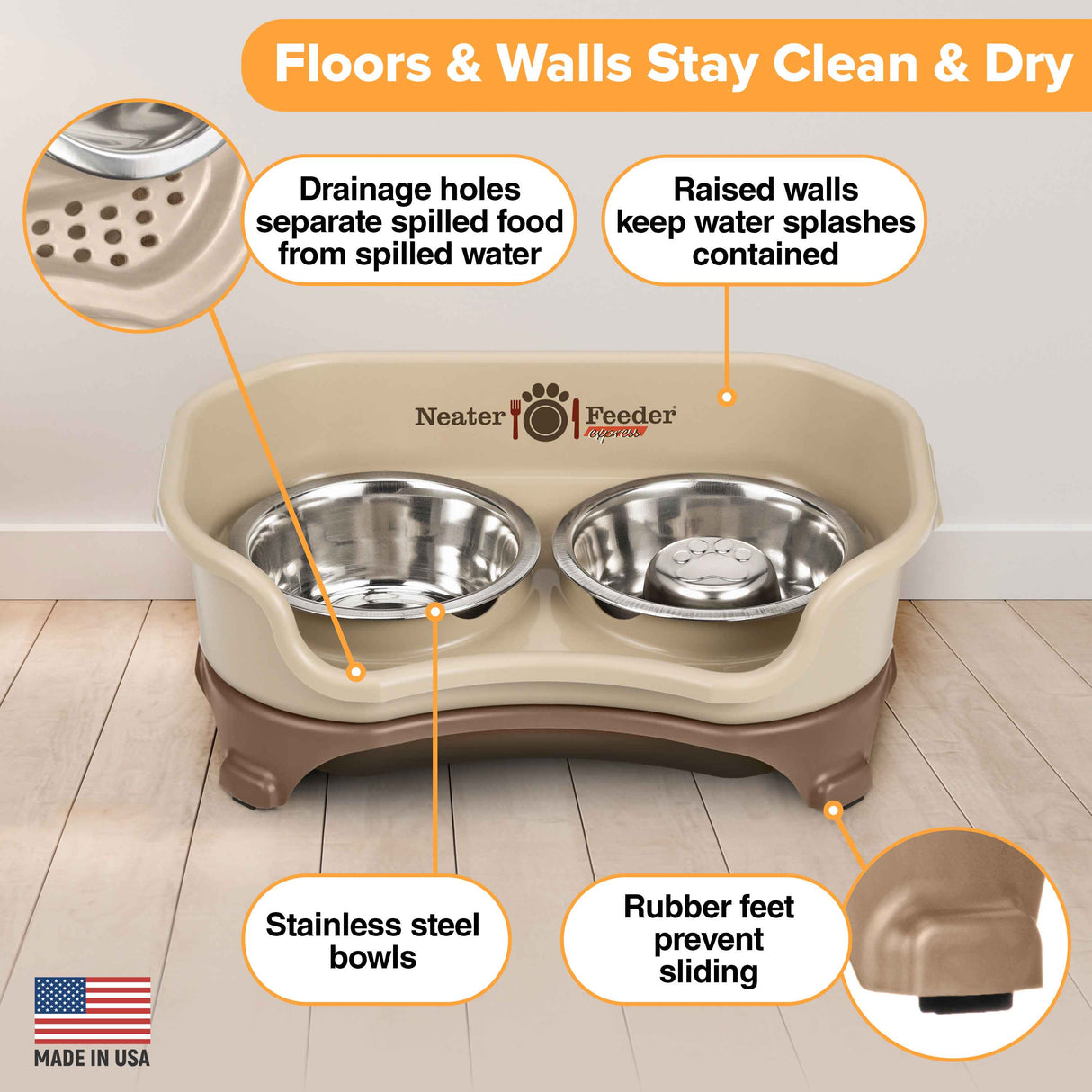Picture explaining the benefits of the Neater Feeder: drainage holes, raised walls, stainless steel bowls, and rubber feet.