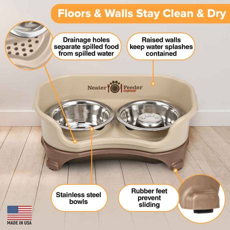 Picture explaining the benefits of the Neater Feeder: drainage holes, raised walls, stainless steel bowls, and rubber feet.