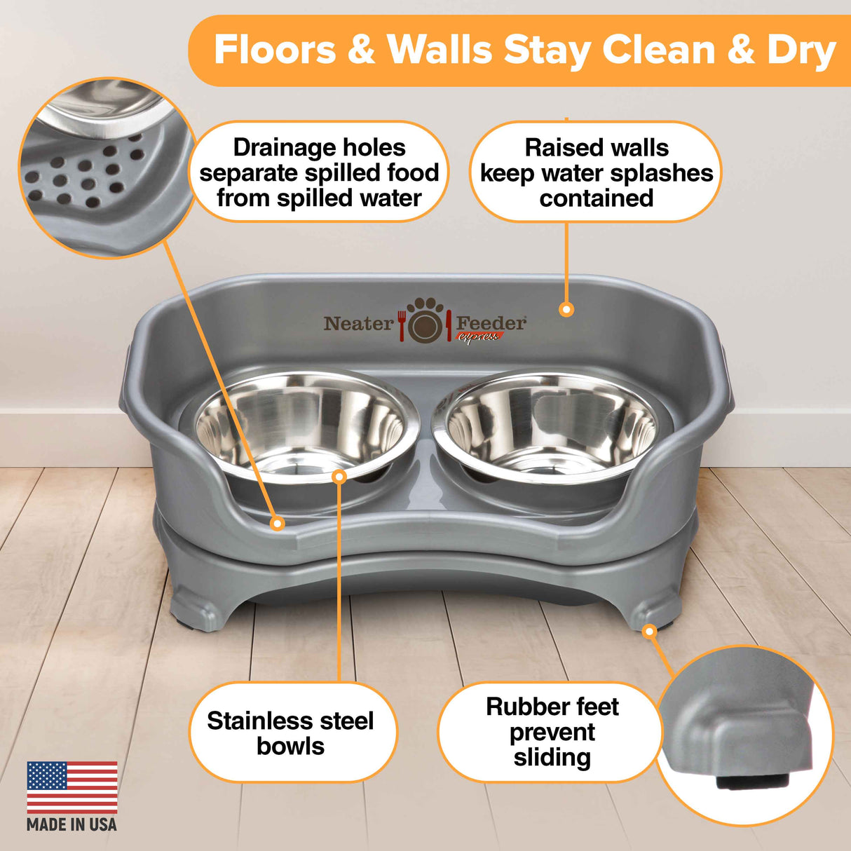Picture explaining the benefits of the Neater Feeder: drainage holes, raised walls, stainless steel bowls, and rubber feet.
