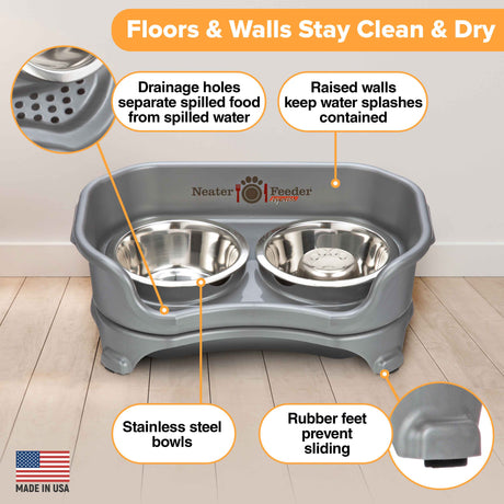 Picture explaining the benefits of the Neater Feeder: drainage holes, raised walls, stainless steel bowls, and rubber feet.