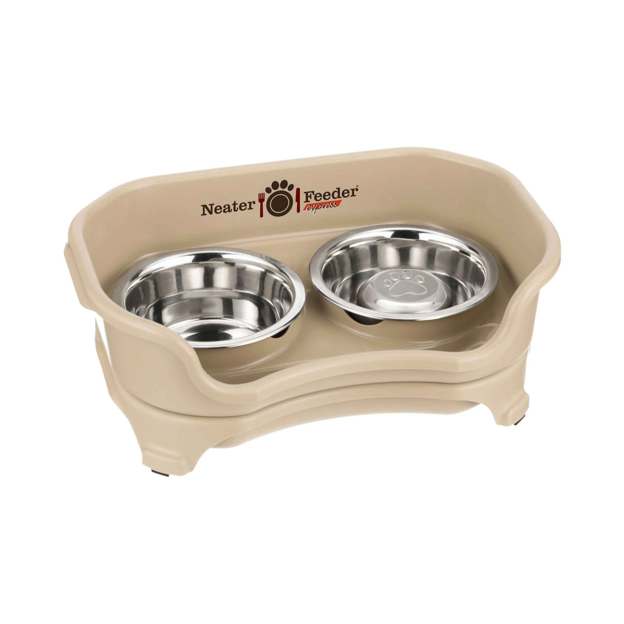 Almond cat to small dog EXPRESS Neater Feeder with Stainless Steel Slow Feed Bowl and a regular water bowl against a white background.