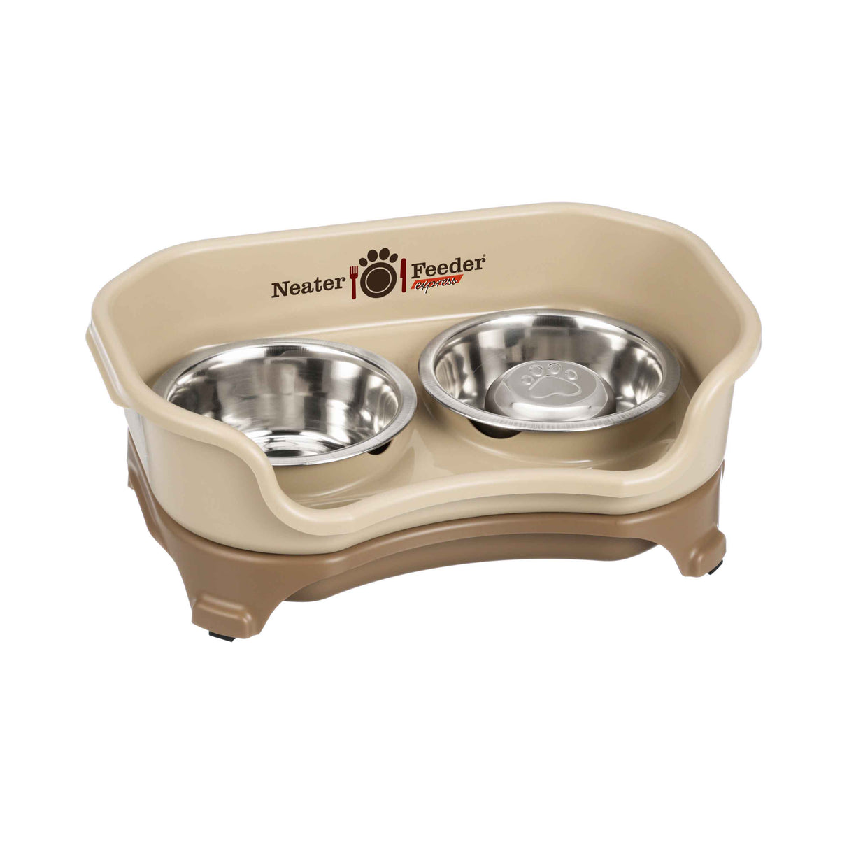Cappuccino cat to small dog EXPRESS Neater Feeder with Stainless Steel Slow Feed Bowl and a regular water bowl against a white background.