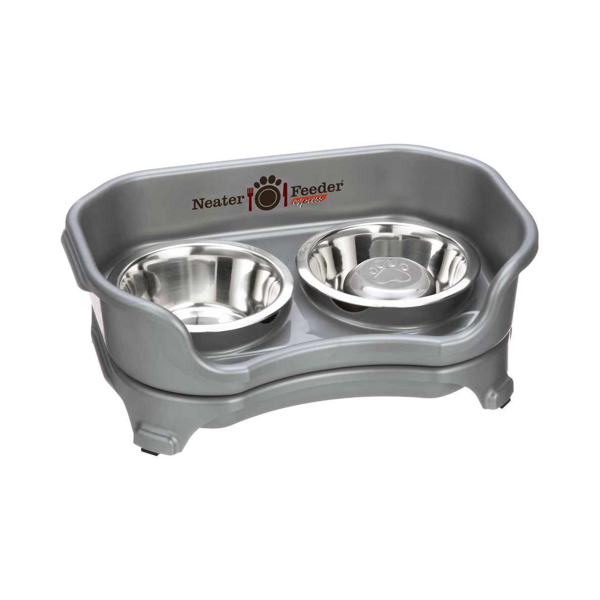 Gunmetal cat to small dog EXPRESS Neater Feeder with Stainless Steel Slow Feed Bowl and a regular water bowl against a white background.